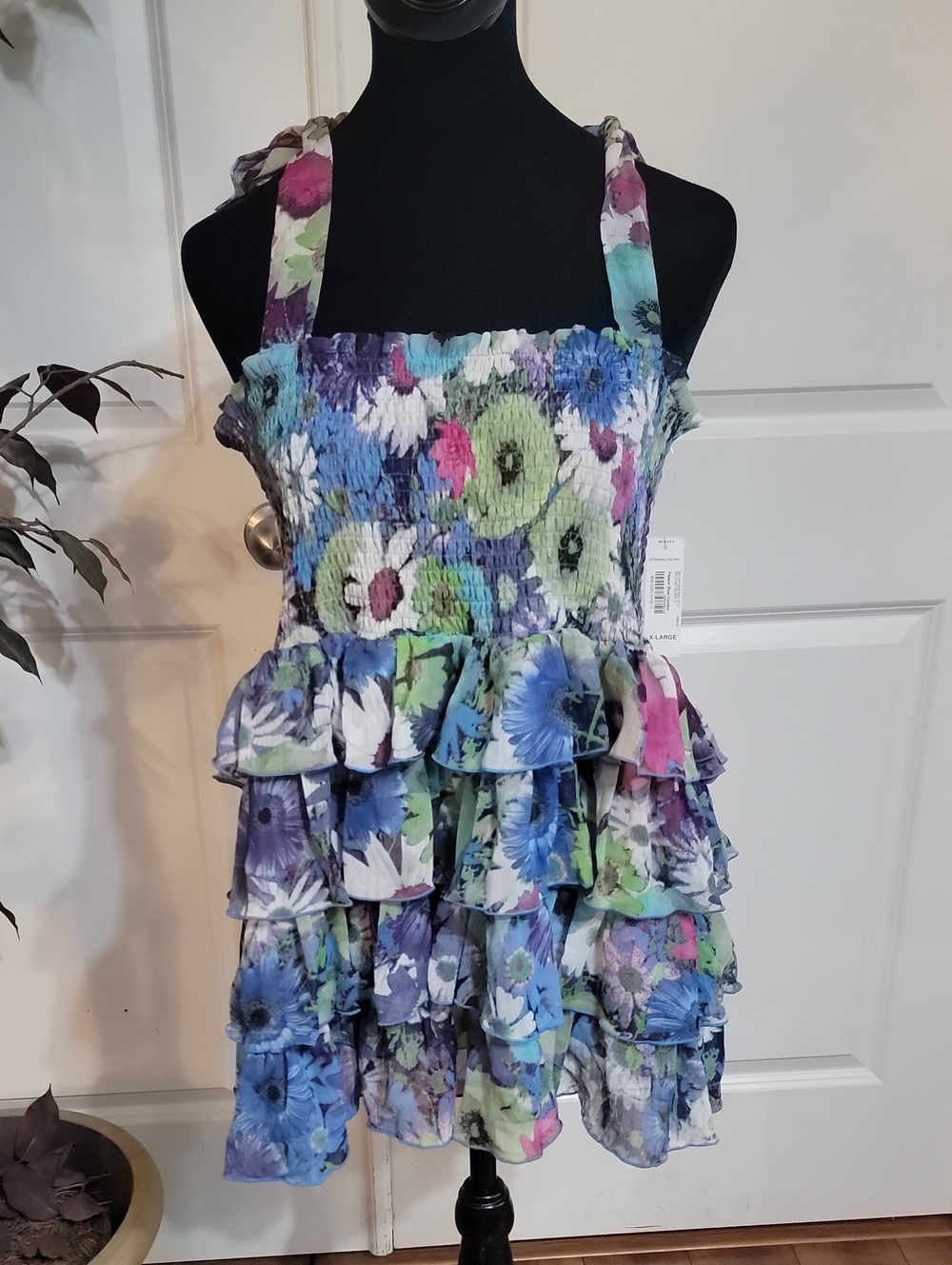 Allen B. By Allen Schwartz Floral Smocked Tiered Tunic - Blue, Green & Pink